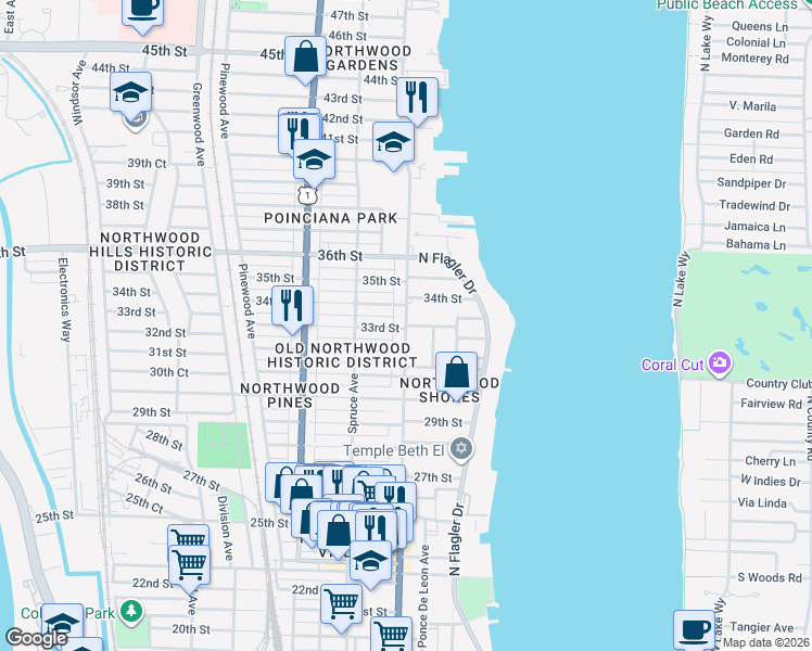map of restaurants, bars, coffee shops, grocery stores, and more near 315 33rd Street in West Palm Beach