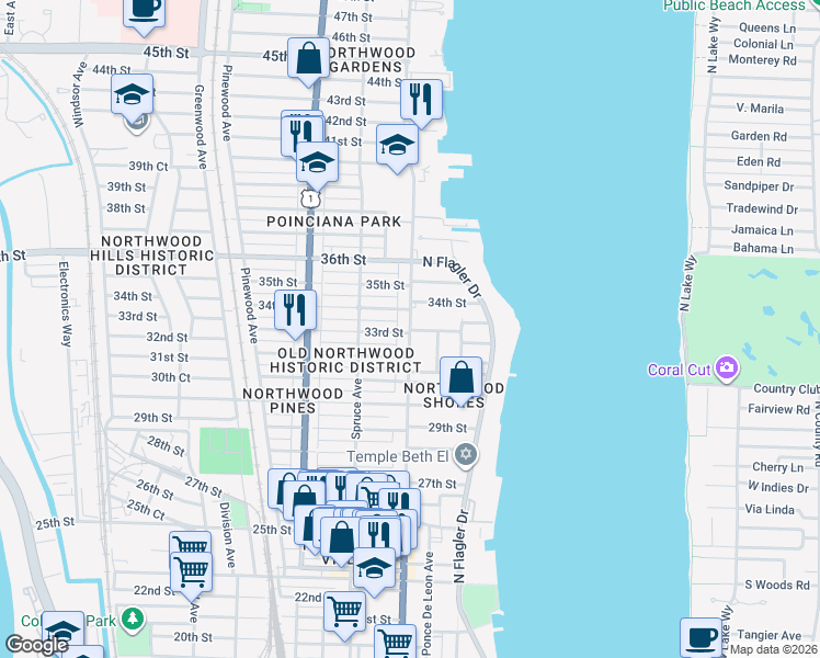 map of restaurants, bars, coffee shops, grocery stores, and more near 315 33rd Street in West Palm Beach