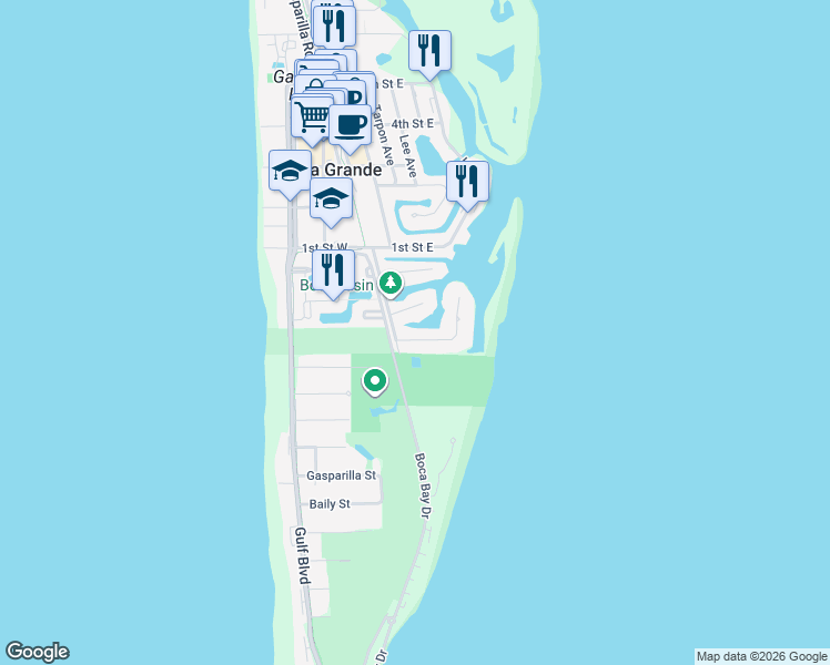 map of restaurants, bars, coffee shops, grocery stores, and more near 121 Damficare Street in Boca Grande