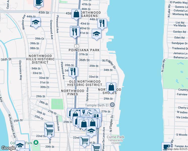 map of restaurants, bars, coffee shops, grocery stores, and more near 419 33rd Street in West Palm Beach