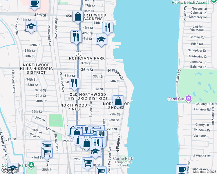 map of restaurants, bars, coffee shops, grocery stores, and more near 315 33rd Street in West Palm Beach