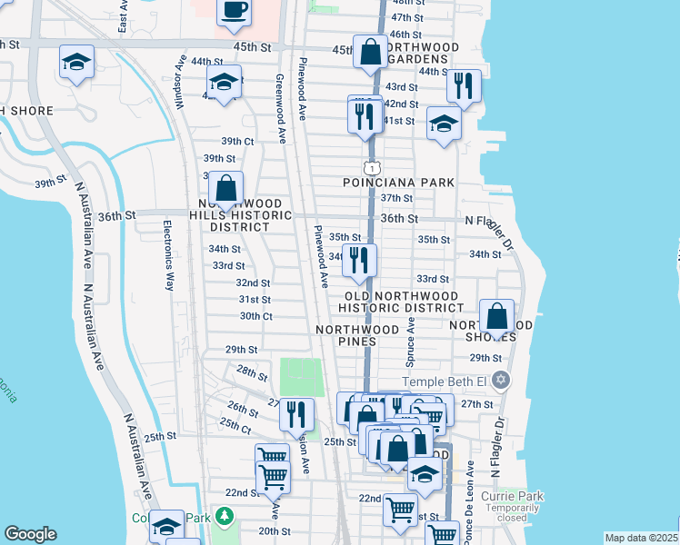 map of restaurants, bars, coffee shops, grocery stores, and more near 631 33rd Street in West Palm Beach