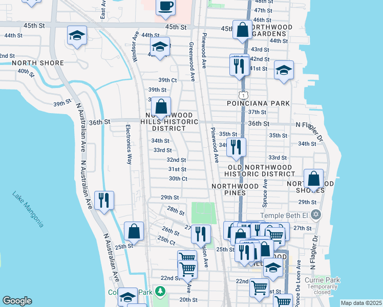 map of restaurants, bars, coffee shops, grocery stores, and more near 822 33rd Street in West Palm Beach
