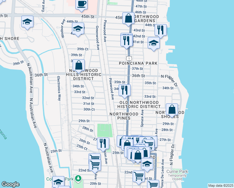 map of restaurants, bars, coffee shops, grocery stores, and more near 631 33rd Street in West Palm Beach