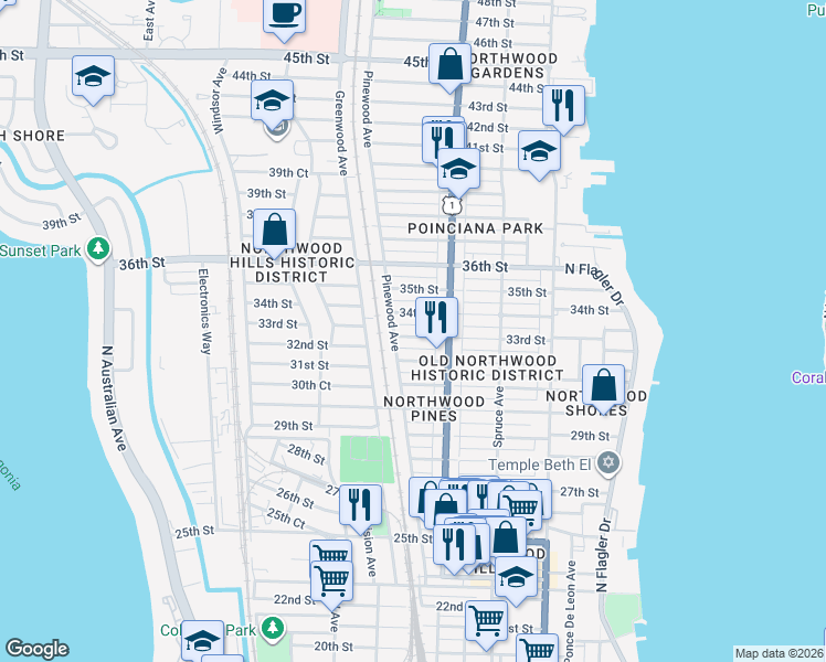 map of restaurants, bars, coffee shops, grocery stores, and more near 631 33rd Street in West Palm Beach