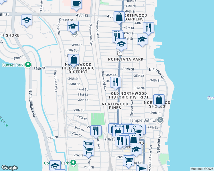 map of restaurants, bars, coffee shops, grocery stores, and more near 631 33rd Street in West Palm Beach