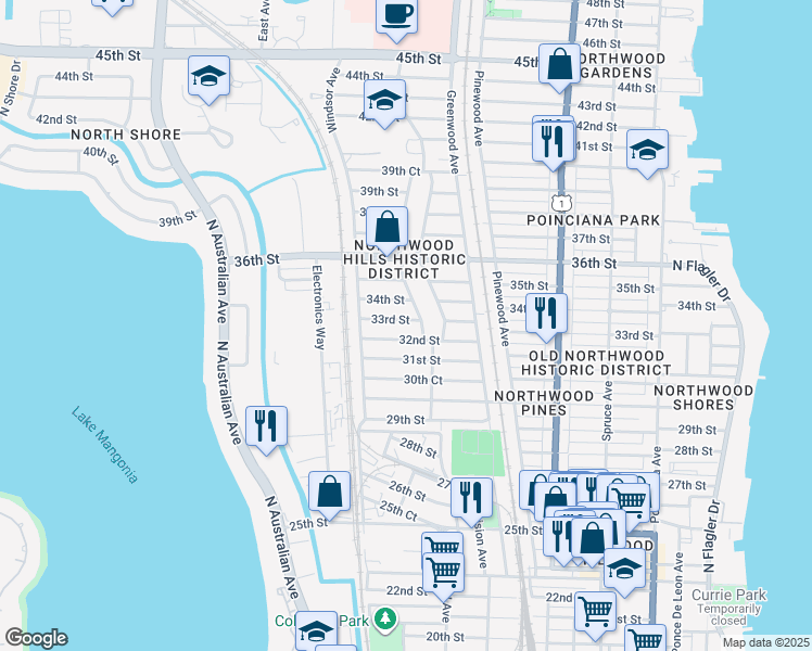 map of restaurants, bars, coffee shops, grocery stores, and more near 914 33rd Street in West Palm Beach
