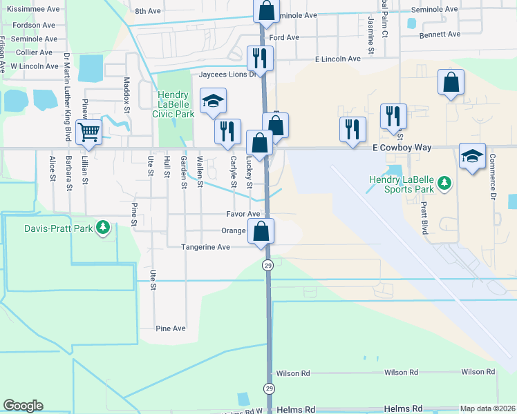map of restaurants, bars, coffee shops, grocery stores, and more near 1221 Luckey Street in LaBelle