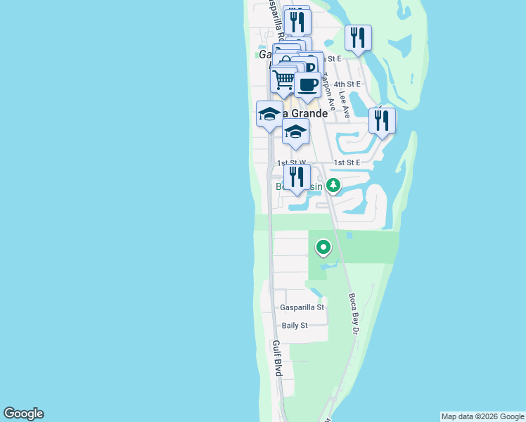 map of restaurants, bars, coffee shops, grocery stores, and more near 174 Gulf Boulevard in Boca Grande