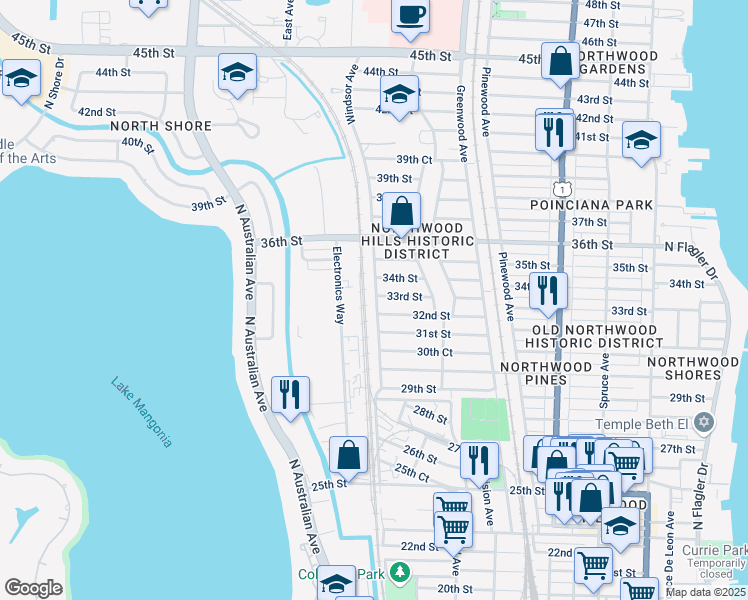 map of restaurants, bars, coffee shops, grocery stores, and more near 957 32nd Street in West Palm Beach