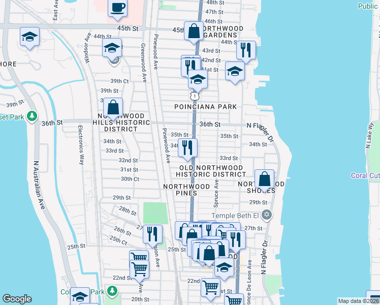 map of restaurants, bars, coffee shops, grocery stores, and more near 3404 Broadway Avenue in West Palm Beach