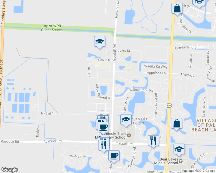 map of restaurants, bars, coffee shops, grocery stores, and more near 2805 Foxhall Drive East in West Palm Beach