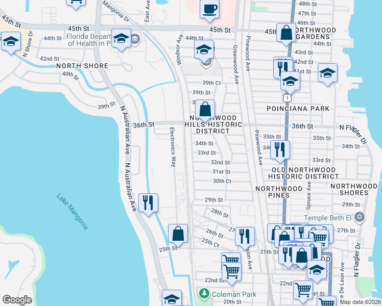 map of restaurants, bars, coffee shops, grocery stores, and more near 957 32nd Street in West Palm Beach