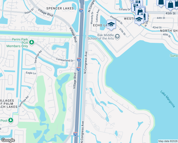 map of restaurants, bars, coffee shops, grocery stores, and more near 3089 Bellflower Circle in West Palm Beach
