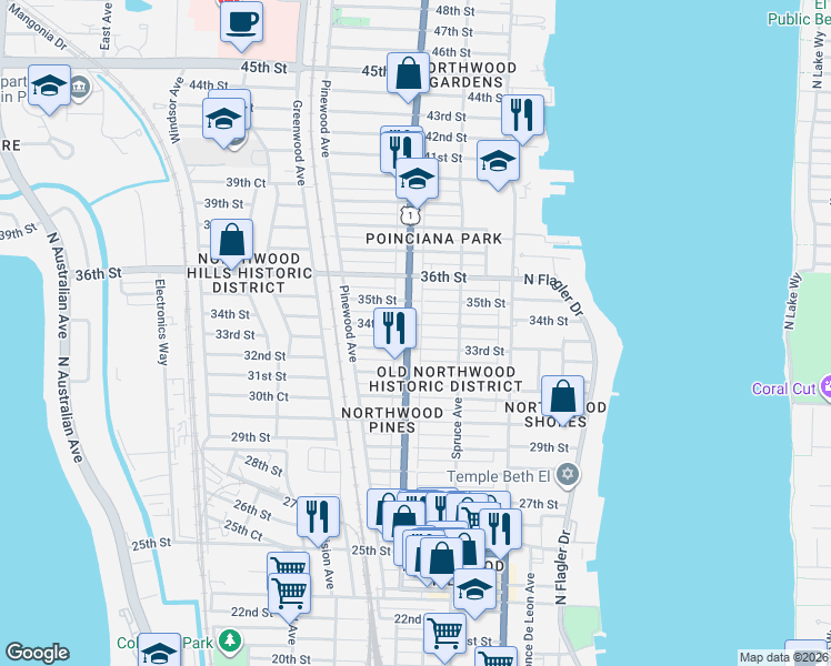 map of restaurants, bars, coffee shops, grocery stores, and more near 3404 Broadway Avenue in West Palm Beach
