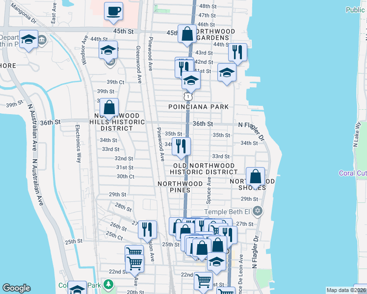 map of restaurants, bars, coffee shops, grocery stores, and more near 3404 Broadway Avenue in West Palm Beach