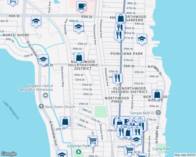 map of restaurants, bars, coffee shops, grocery stores, and more near 822 33rd Street in West Palm Beach