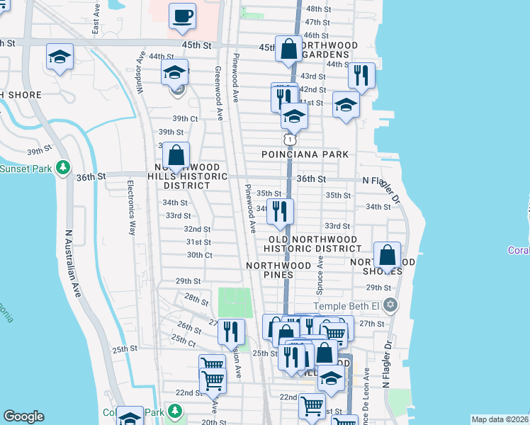 map of restaurants, bars, coffee shops, grocery stores, and more near 631 33rd Street in West Palm Beach