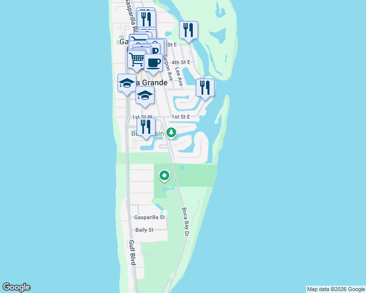 map of restaurants, bars, coffee shops, grocery stores, and more near 121 Damficare Street in Boca Grande