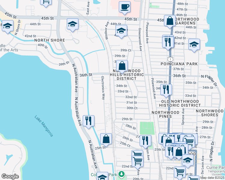 map of restaurants, bars, coffee shops, grocery stores, and more near 957 32nd Street in West Palm Beach