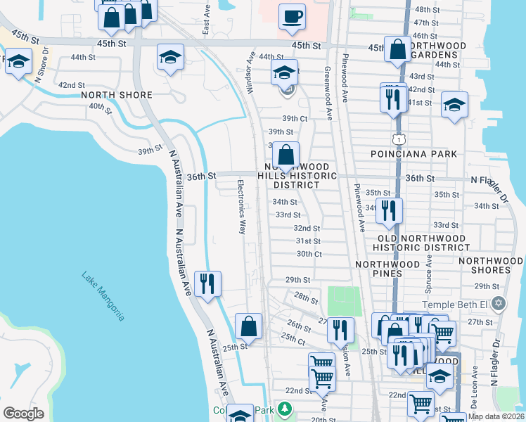 map of restaurants, bars, coffee shops, grocery stores, and more near 3300 Electronics Way in West Palm Beach
