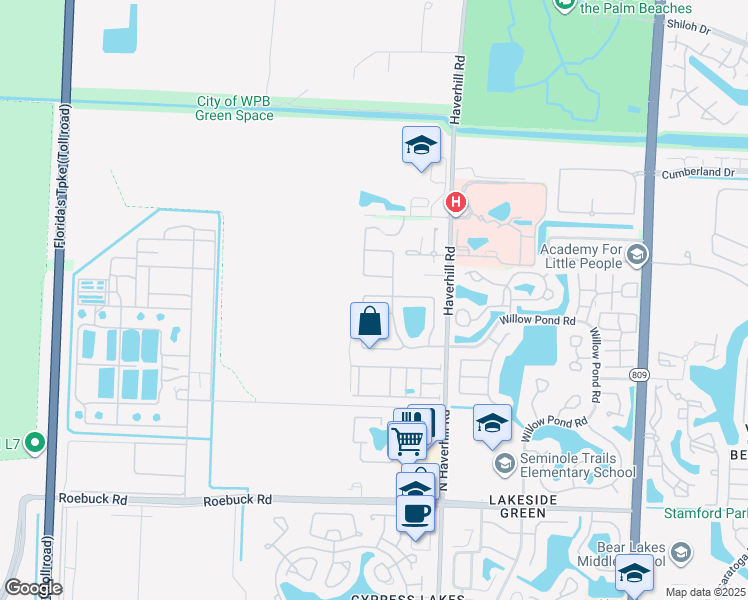 map of restaurants, bars, coffee shops, grocery stores, and more near 5170 Foxhall Drive North in West Palm Beach