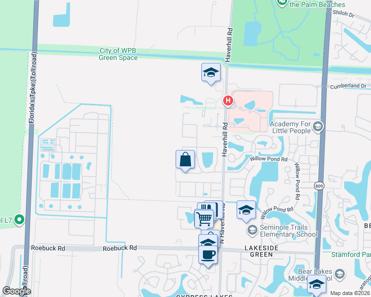 map of restaurants, bars, coffee shops, grocery stores, and more near 5150 Foxhall Place in West Palm Beach