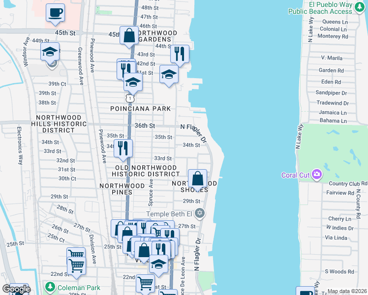 map of restaurants, bars, coffee shops, grocery stores, and more near 315 33rd Street in West Palm Beach