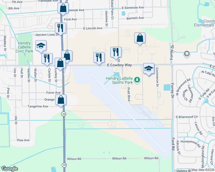 map of restaurants, bars, coffee shops, grocery stores, and more near 99 East Cowboy Way in LaBelle