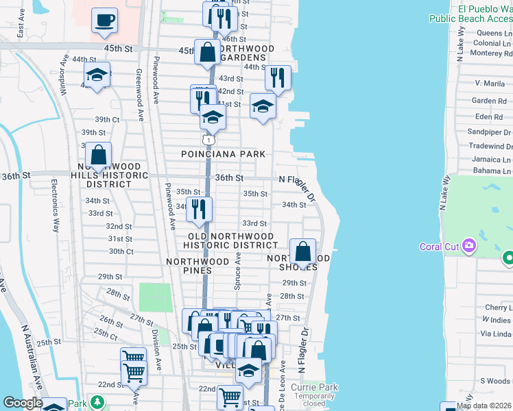 map of restaurants, bars, coffee shops, grocery stores, and more near 423 34th Street in West Palm Beach
