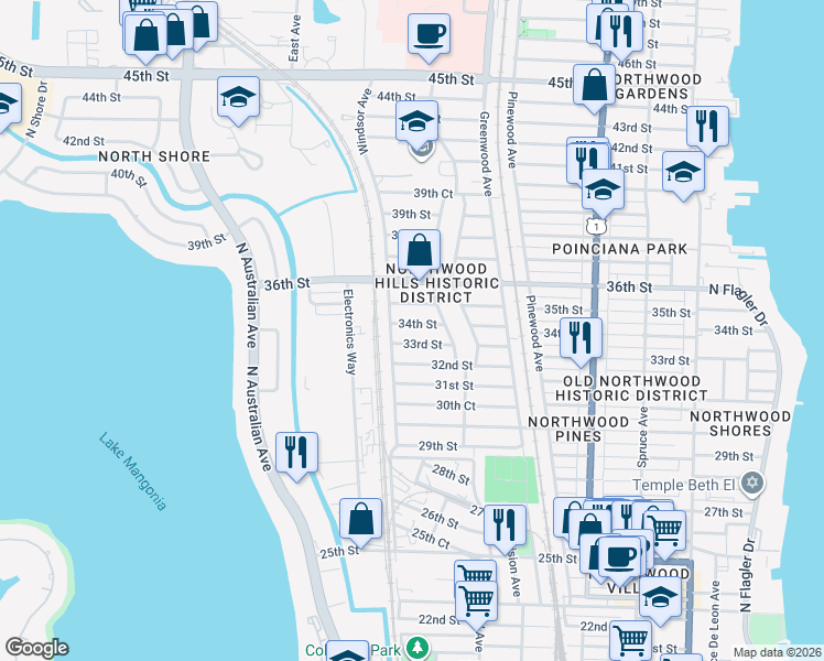 map of restaurants, bars, coffee shops, grocery stores, and more near 934 35th Street in West Palm Beach