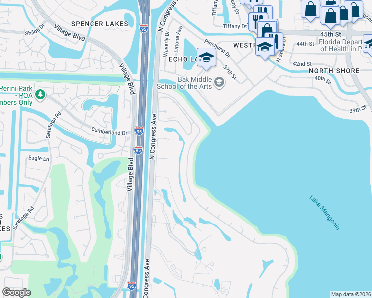 map of restaurants, bars, coffee shops, grocery stores, and more near 3401 Embassy Drive in West Palm Beach