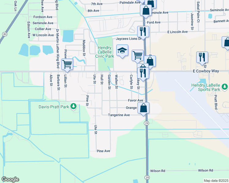 map of restaurants, bars, coffee shops, grocery stores, and more near 1111 Garden Street in LaBelle