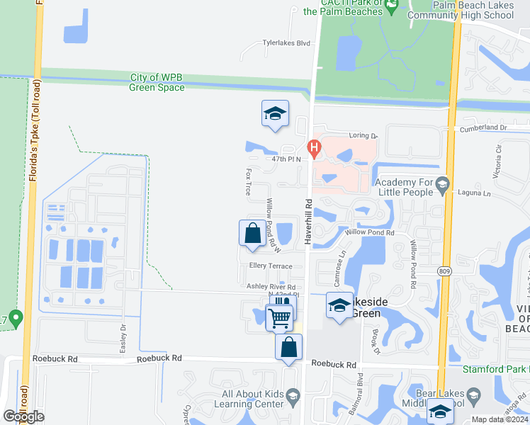 map of restaurants, bars, coffee shops, grocery stores, and more near 5212 Fox Trce in West Palm Beach