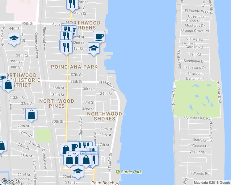 map of restaurants, bars, coffee shops, grocery stores, and more near North Flagler Drive in West Palm Beach