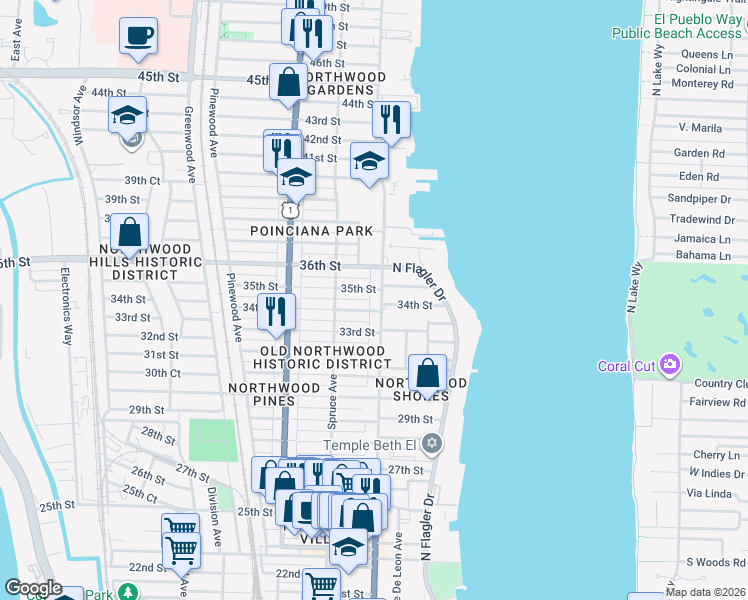 map of restaurants, bars, coffee shops, grocery stores, and more near 3505 Poinsettia Avenue in West Palm Beach