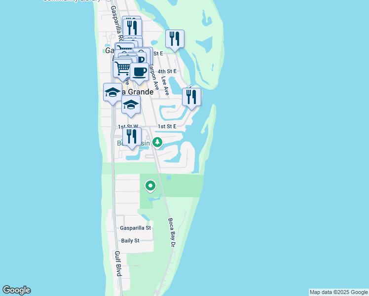 map of restaurants, bars, coffee shops, grocery stores, and more near 241 Damficare Street in Boca Grande
