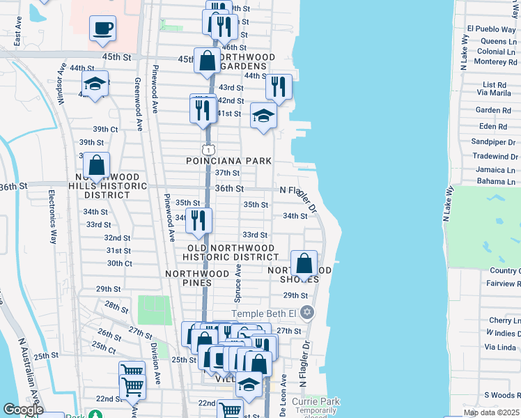 map of restaurants, bars, coffee shops, grocery stores, and more near 409 35th Street in West Palm Beach