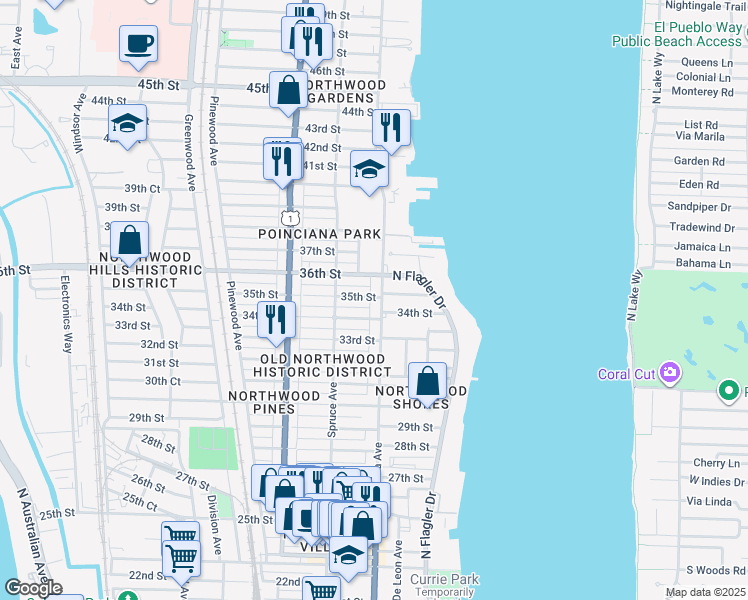 map of restaurants, bars, coffee shops, grocery stores, and more near 409 35th Street in West Palm Beach