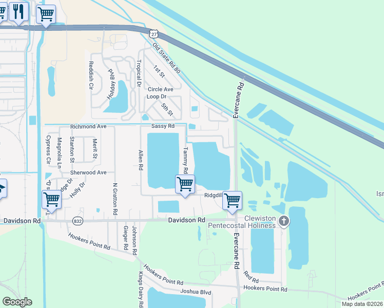 map of restaurants, bars, coffee shops, grocery stores, and more near 1766 Melissa Road in Clewiston