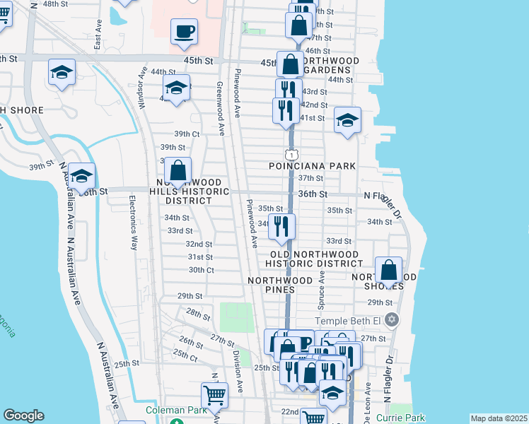 map of restaurants, bars, coffee shops, grocery stores, and more near 629 35th Street in West Palm Beach