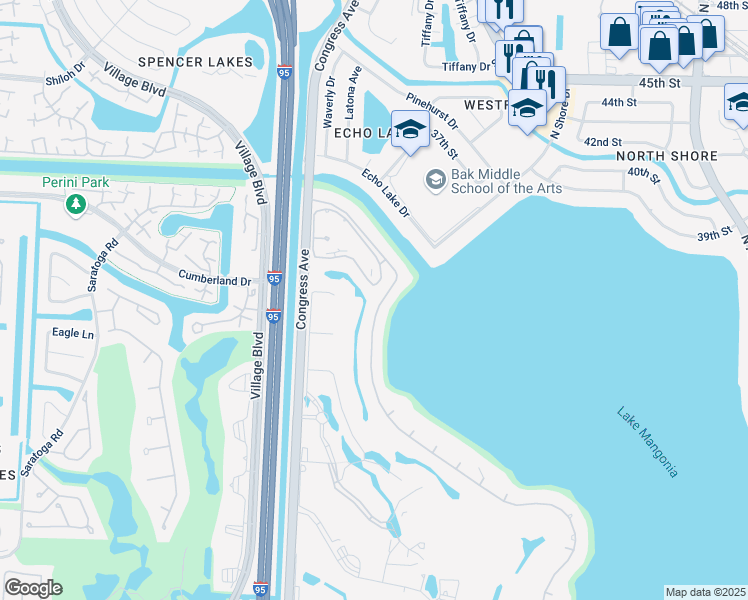 map of restaurants, bars, coffee shops, grocery stores, and more near 3401 Embassy Drive in West Palm Beach