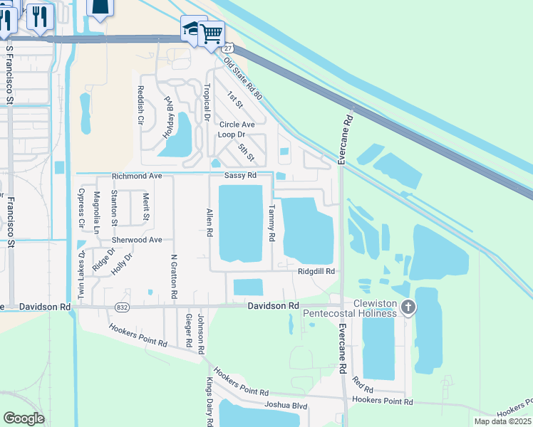 map of restaurants, bars, coffee shops, grocery stores, and more near 655 Tammy Road in Clewiston