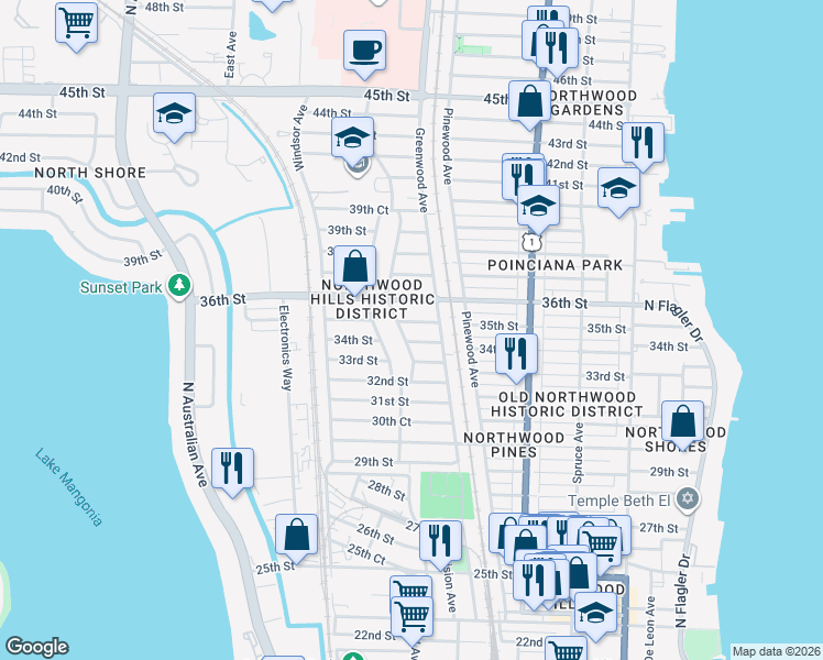 map of restaurants, bars, coffee shops, grocery stores, and more near 820 35th Street in West Palm Beach