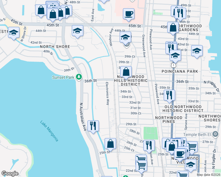 map of restaurants, bars, coffee shops, grocery stores, and more near 1000 36th Street in West Palm Beach