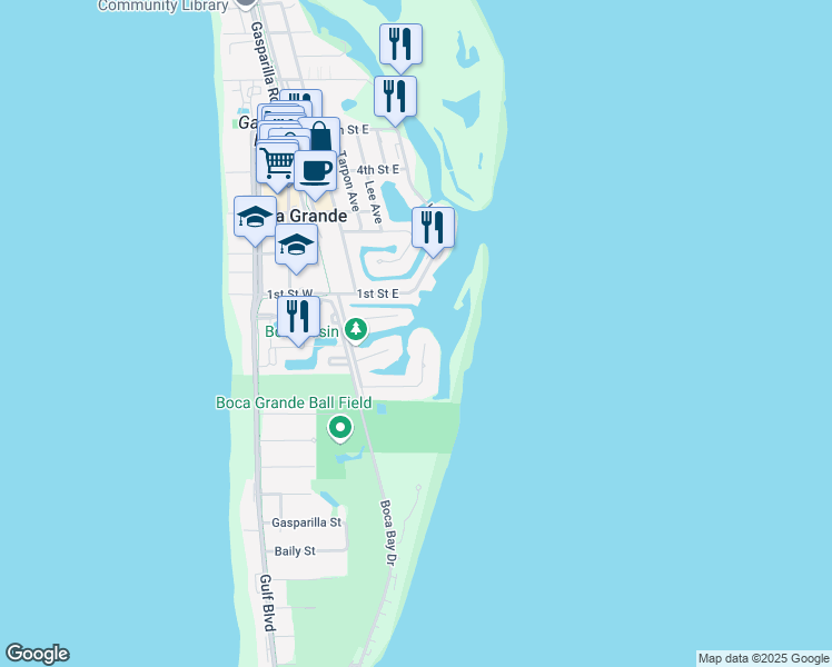map of restaurants, bars, coffee shops, grocery stores, and more near 241 Damficare Street in Boca Grande
