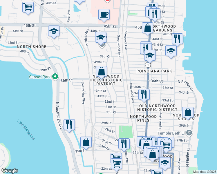 map of restaurants, bars, coffee shops, grocery stores, and more near 3510 Westview Avenue in West Palm Beach