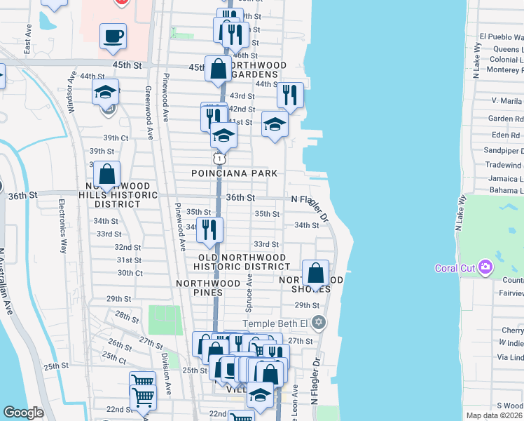 map of restaurants, bars, coffee shops, grocery stores, and more near 409 35th Street in West Palm Beach