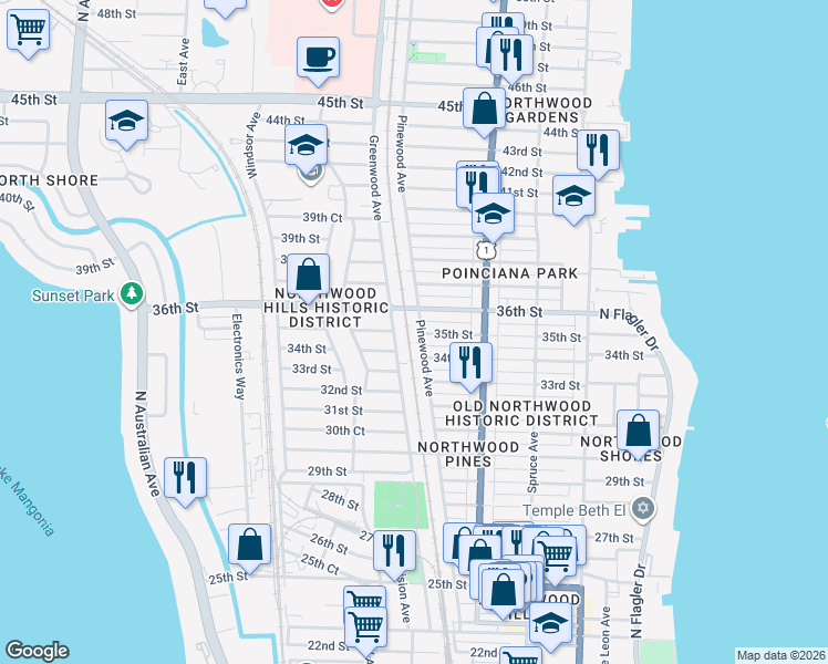 map of restaurants, bars, coffee shops, grocery stores, and more near 3519 Pinewood Avenue in West Palm Beach