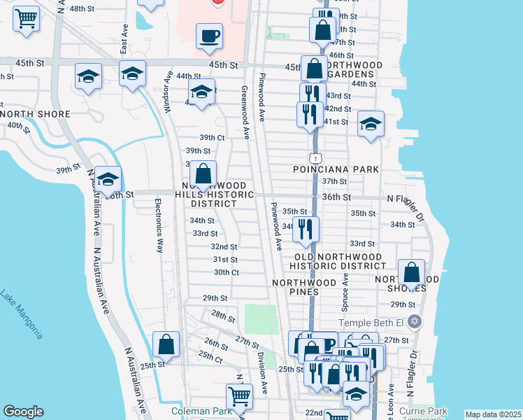 map of restaurants, bars, coffee shops, grocery stores, and more near 3519 Pinewood Avenue in West Palm Beach